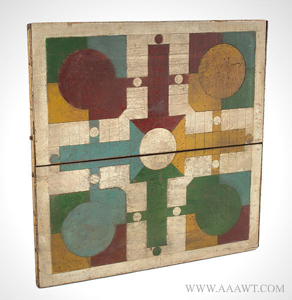 Antique Gameboard, Double Sided, Parcheesi and Checkers, 19th Century, angle view